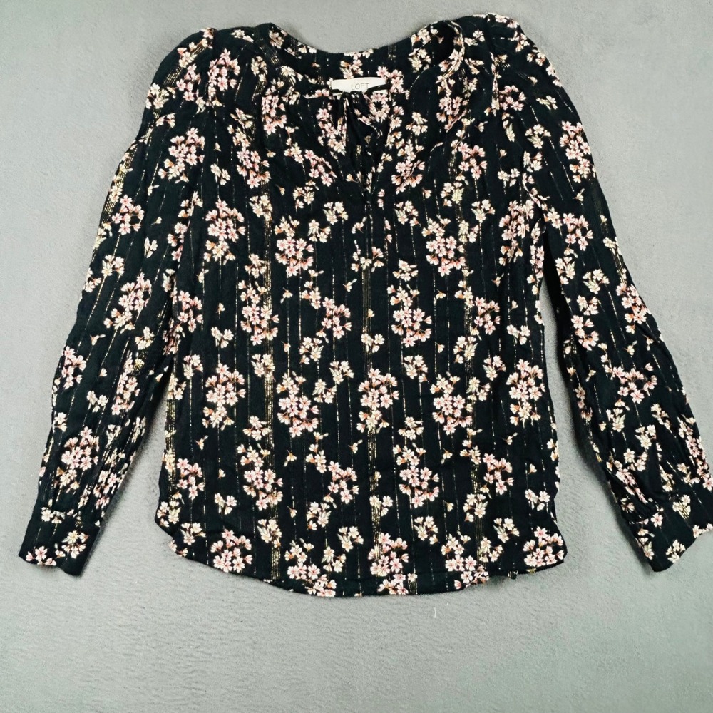 LOFT Blouse Womens Medium Black Floral Gold Metallic Stripe Split Neck Top